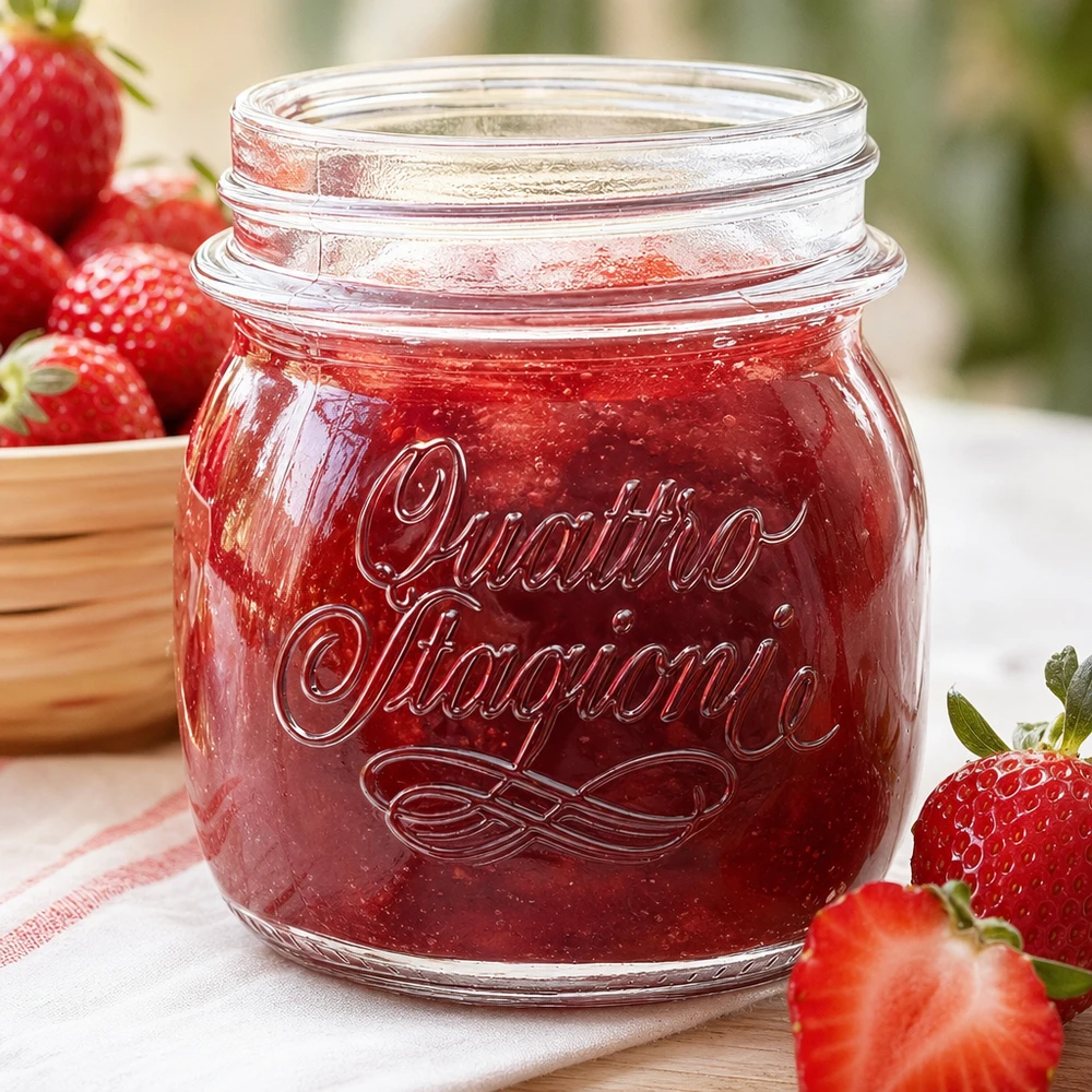 250ml huishoudglas "Quattro Stagioni" 250 ml Quattro Stagioni huishoudpot gevuld met aardbeienjam naast verse aardbeien op houten tafel