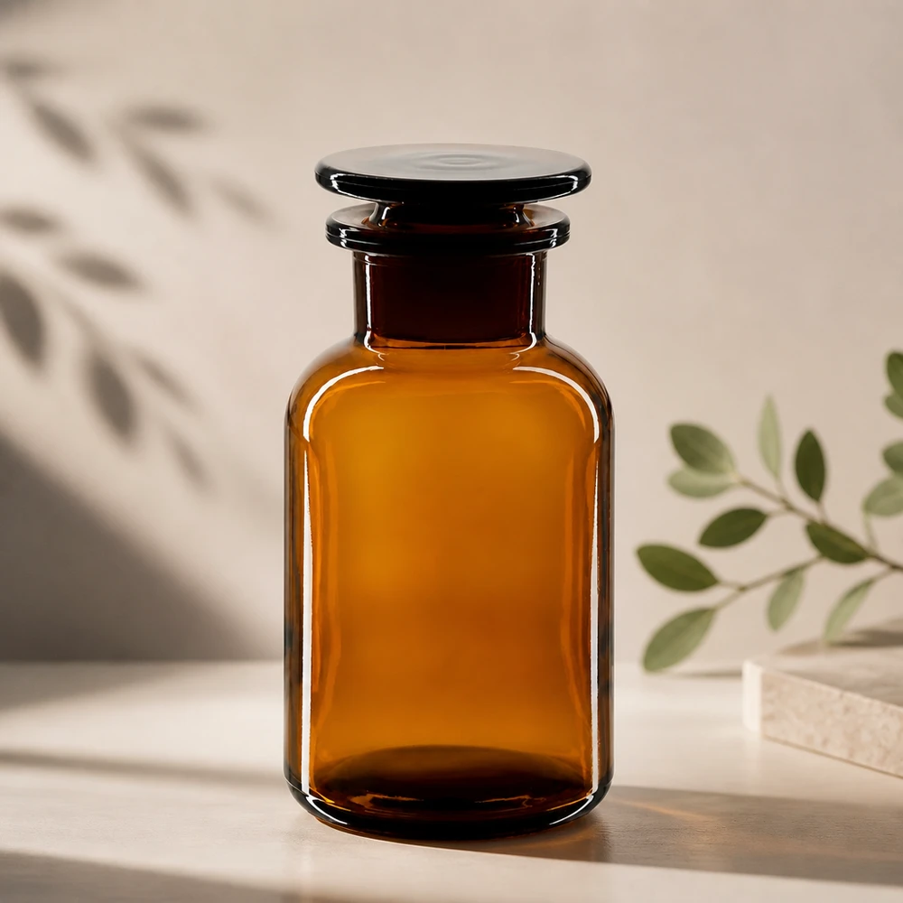 Apothekersfles 250 ml wijde hals bruin glas incl. glazen stop Amberkleurige glazen fles van 250 ml met stop, brede hals, geschikt voor tincturen en oliën