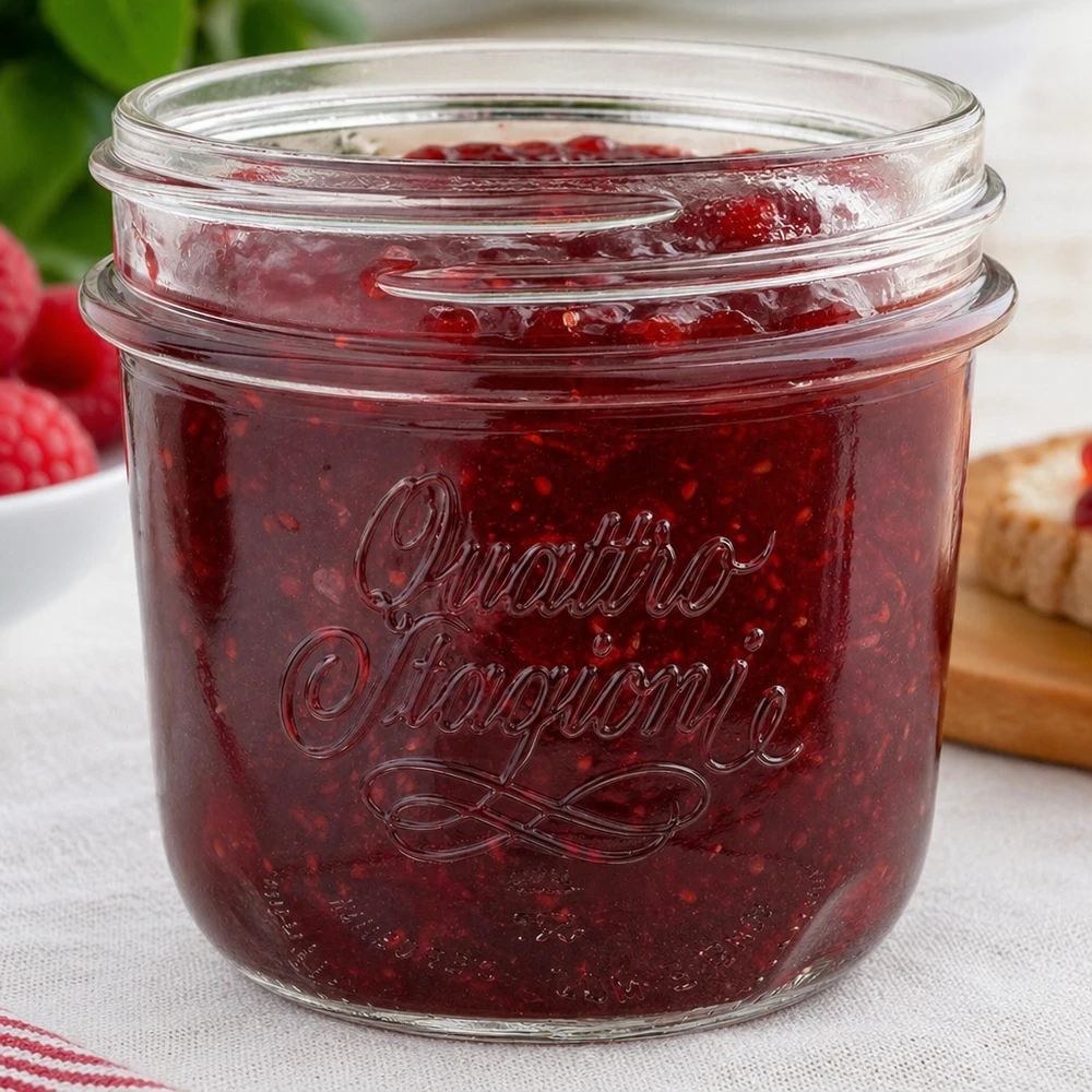 200 ml "Quattro Stagioni" juwelenglas Quattro Stagioni 200ml Einmachglas mit roter Marmelade gefüllt - perfekt für hausgemachte Konfitüren und Aufstriche