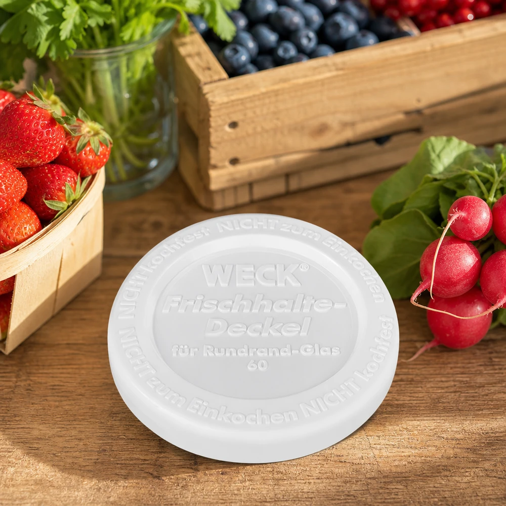 WECK Keep-fresh deksel RR60 Lifestyle tafereel houten tafel vers fruit groenten aardbeien bosbessen radijs kruiden