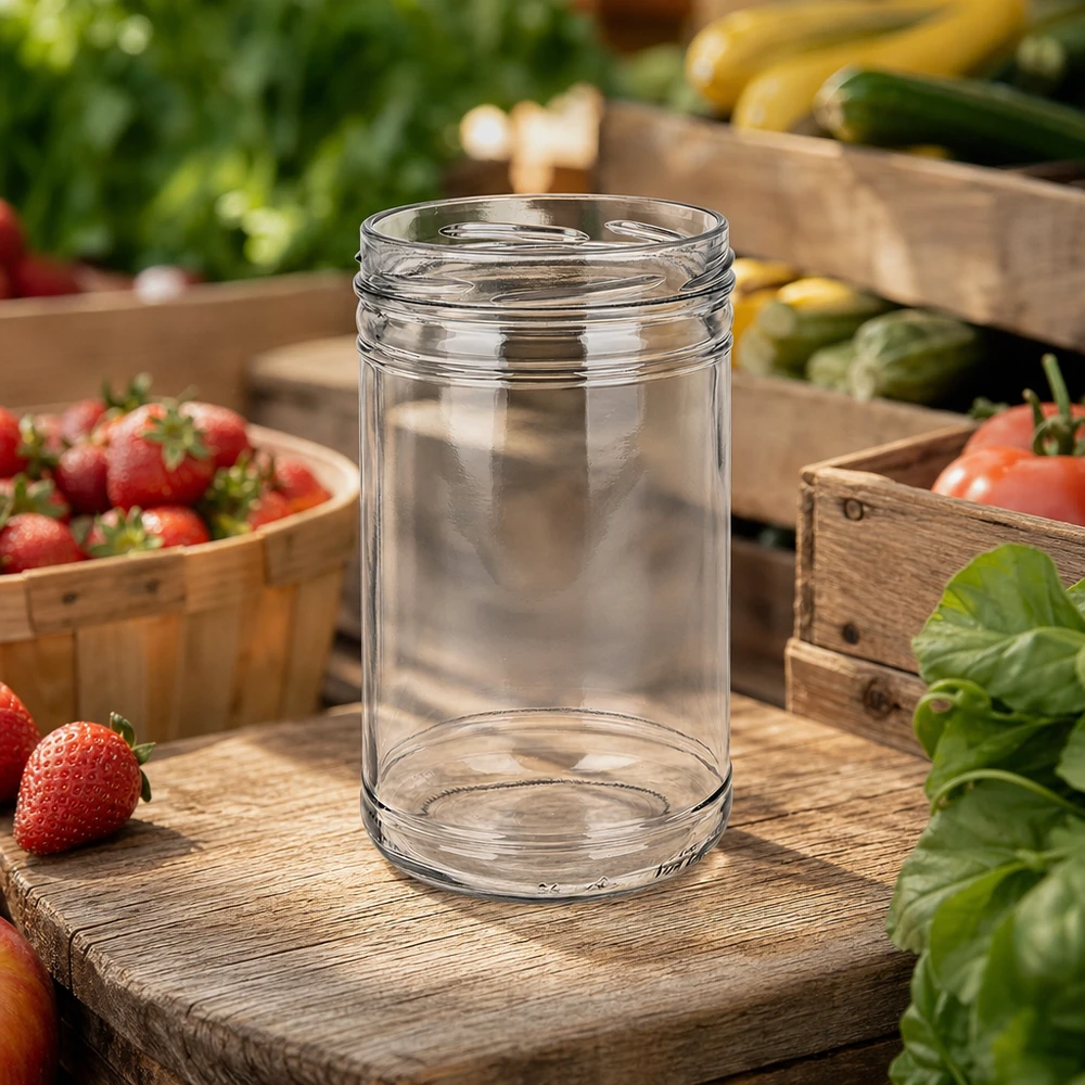 UNiTWIST trommels 1053ml TO100 lege inmaakpot tussen verse groenten en aardbeien op houten plank in keuken