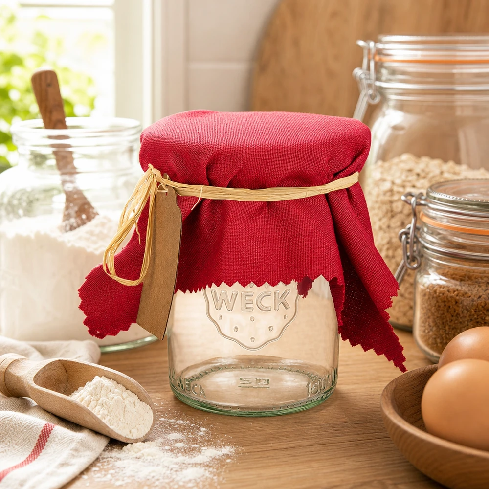 Bordeauxrode stoffen doily 15cm op WECK pot met raffia lint in gezellige landhuiskeuken met eieren en bloem