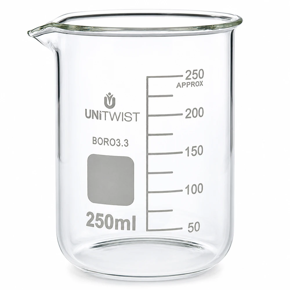 Beker 250ml borosilicaat, lage vorm UNiTWIST Borosilicaat laboratoriumglas 250 ml met schaalverdeling, laag model, ideaal voor scheikunde en onderzoek