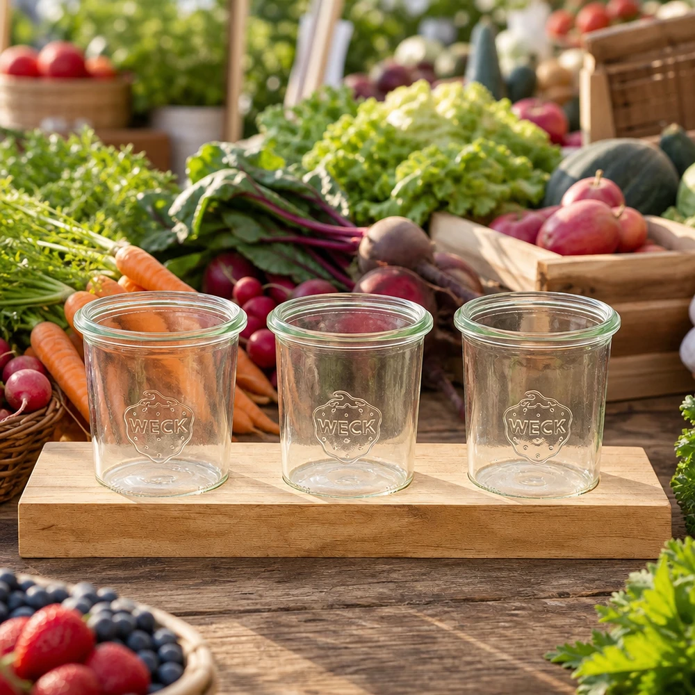 Serveerplank Plano3 met 3 Weck-glazen van 160 ml Leere Weck Sturzgläser 160ml auf Holzbrett Plano3 zwischen frischem Gemüse auf Marktstand - ideal für Konserven