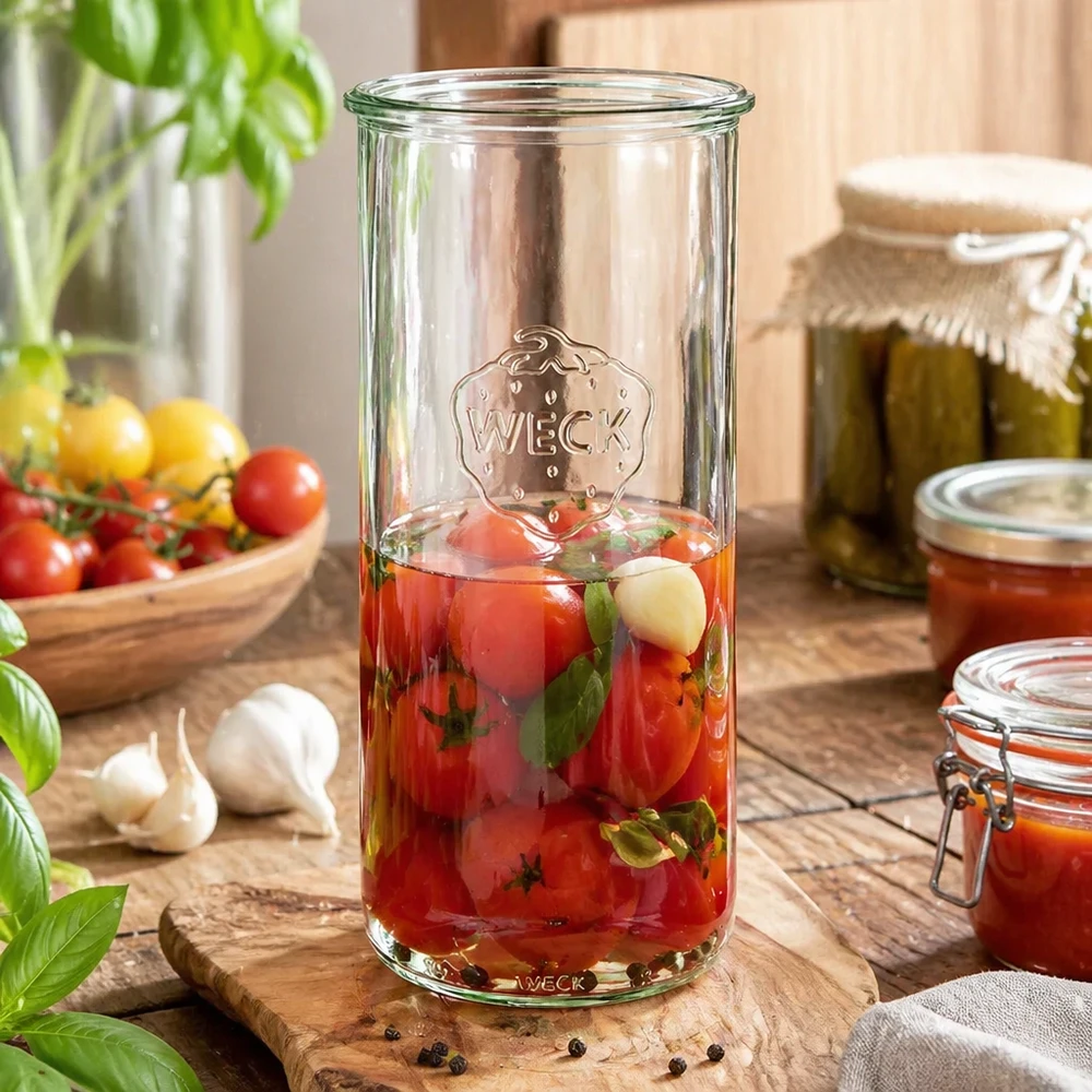 1500ml WECK RR100 mason jar met ingemaakte tomaten op een houten plank, omringd door verse tomaten en inmaakpotten