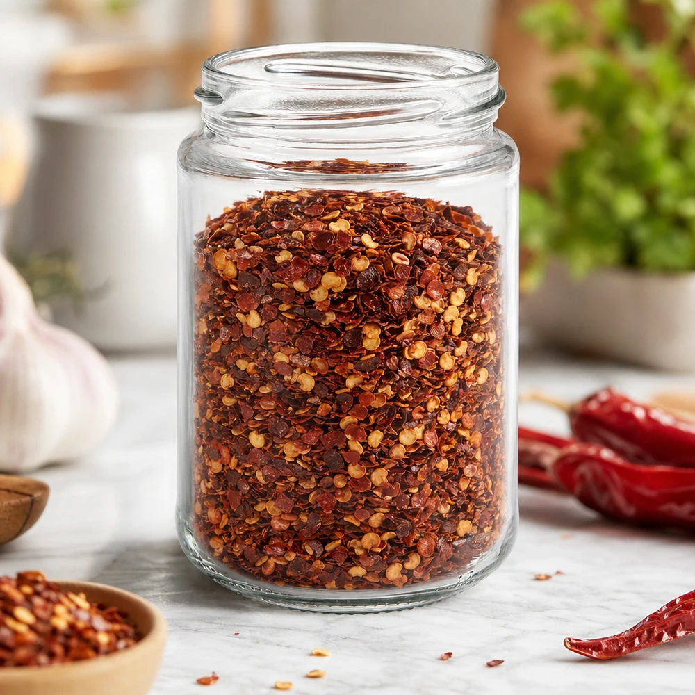 UNiTWIST Runda390 ronde pot 390ml TO70 gevuld met chilikruidenmix in keuken met chilipepers