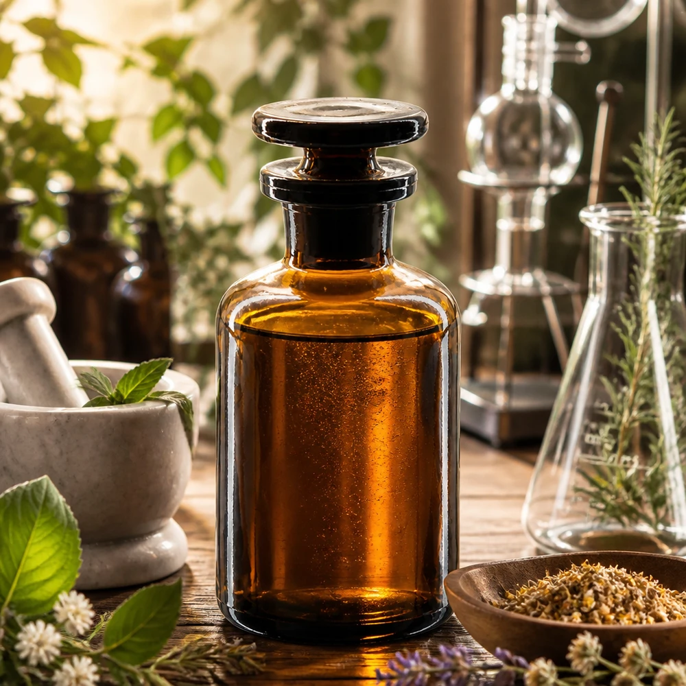 Apothekersfles 50 ml nauwe hals bruin glas incl. glazen stop Lichtbestendige fles met ronde schouders, 50 ml, smalle hals en glazen stop, voor de productie van parfum