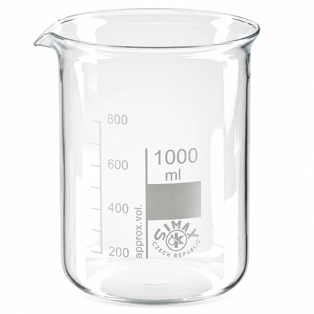Bekerglas 1000 ml van hittebestendig borosilicaatglas (laag model) Lage vormbeker 1000ml borosilicaatglas met schenktuit voor nauwkeurig laboratoriumwerk