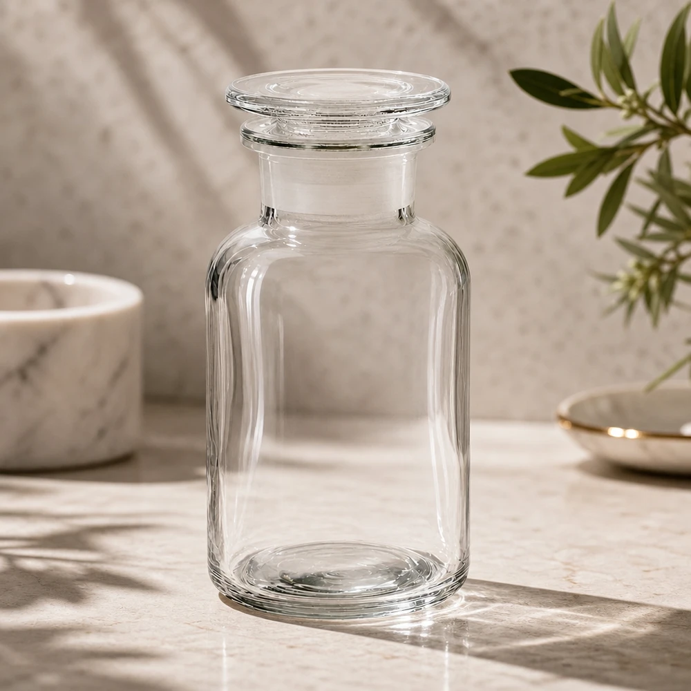 Apothekersfles 250 ml wijde hals helder glas incl. glazen stop Cilindrische fles van helder glas van 250 ml met kenmerkende ronde schouders en bijpassende glazen stop