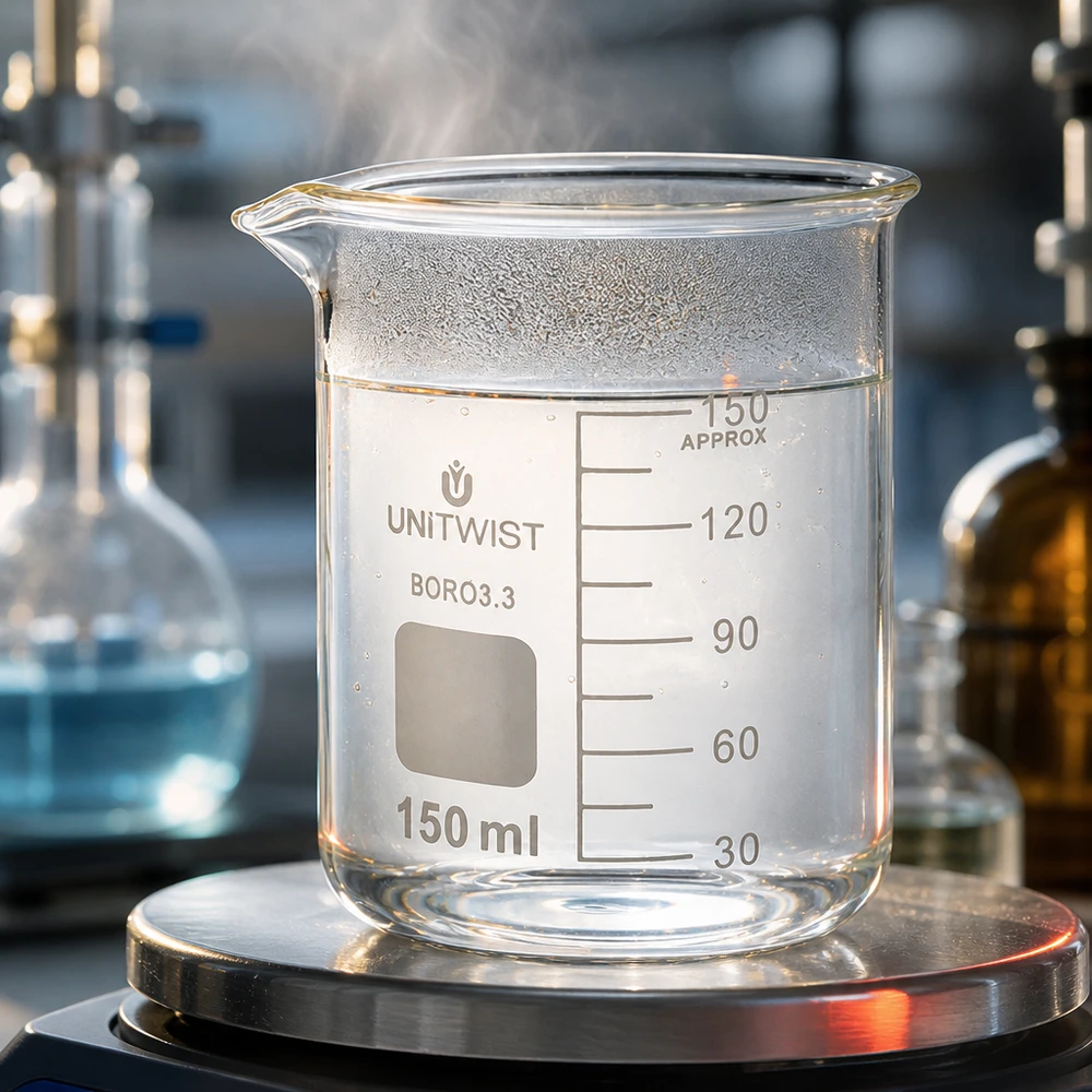 UNiTwist bekerglas 150 ml, borosilicaat, laag model, helder glas met opschriftveld en schaalverdeling