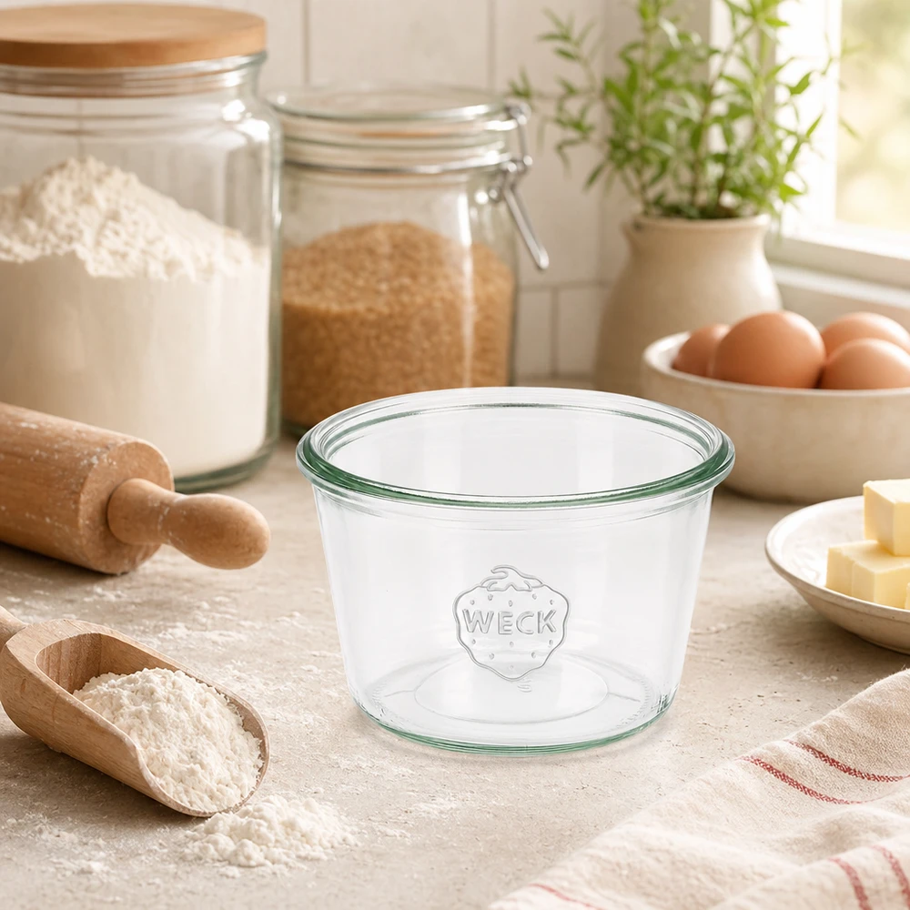 WECK glazen pot 370ml RR100 in keuken met bakingrediënten en keukengerei