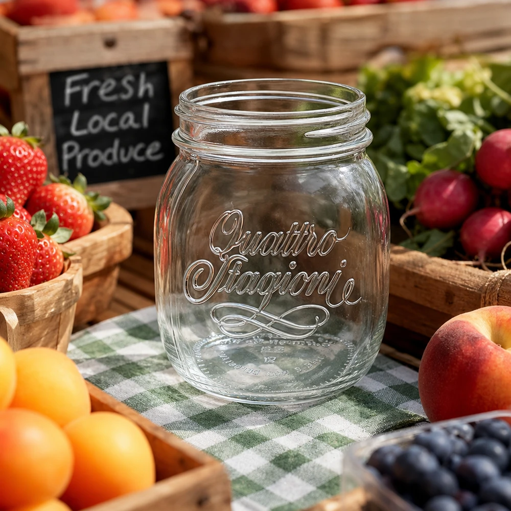 700ml huishoudglas "Quattro Stagioni" 700ml Quattro Stagioni huishoudglas op een geruit tafelkleed omringd door vers fruit en groenten in houten kratten