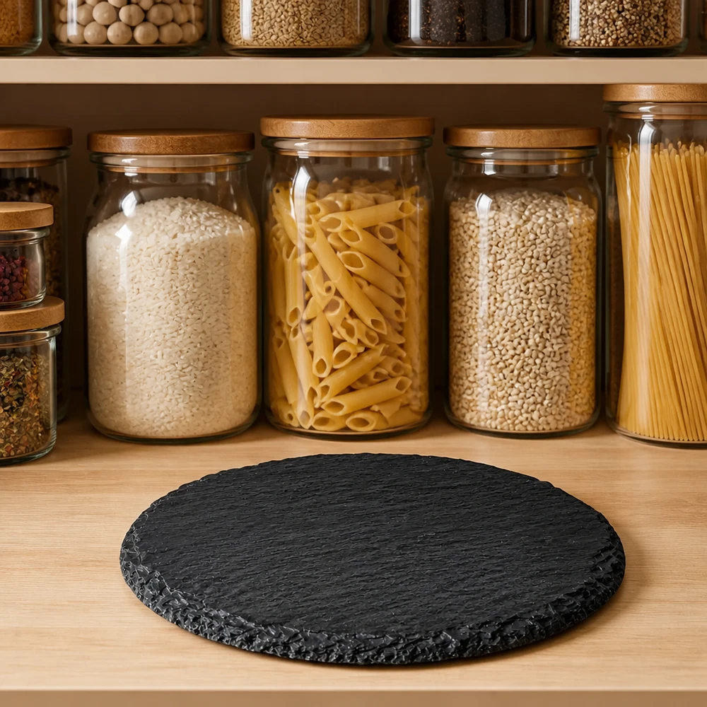Leistenen dienblad rond Ø 150mm Leisteenplaat rond 150mm op houten plank voor bijkeuken met pasta en kruiden in glazen potten als natuurlijke serveerplank