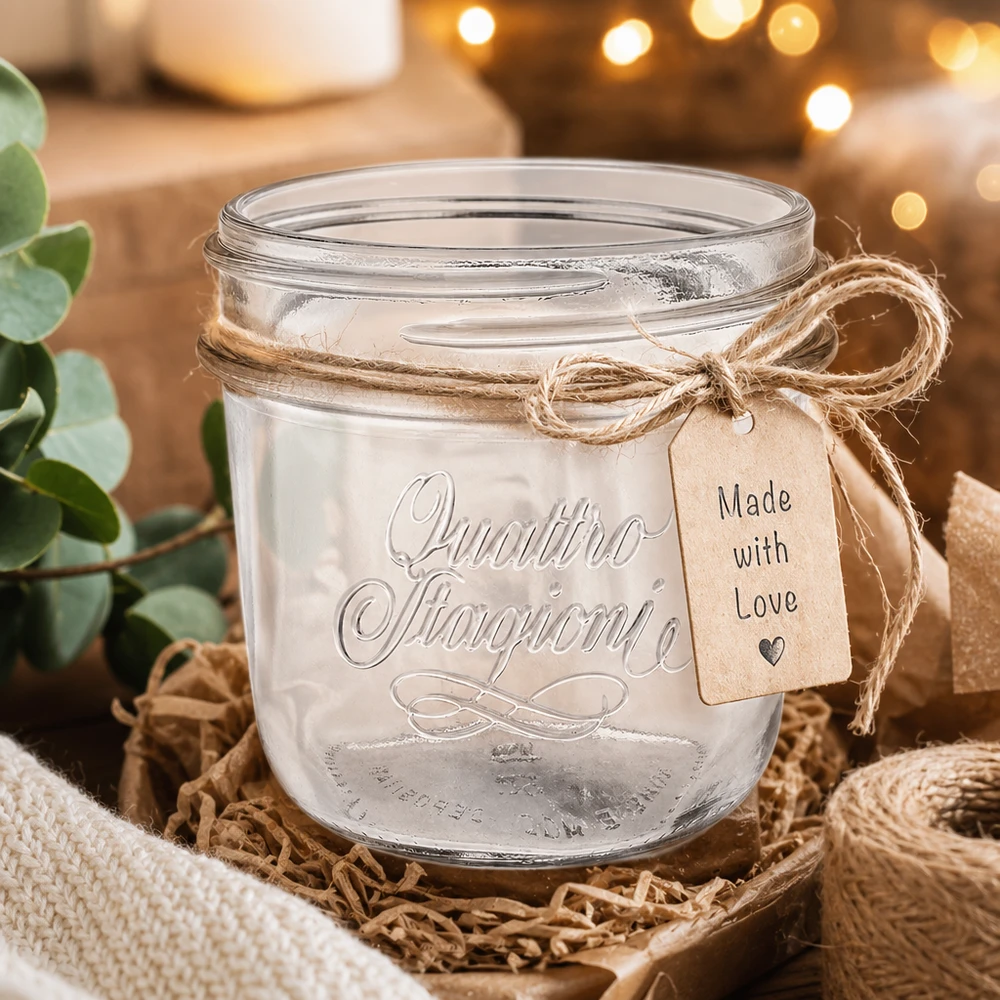 200 ml "Quattro Stagioni" juwelenglas 200 ml Quattro Stagioni juwelenpotje met jute lint en Made with Love hanger in rustieke decoratie