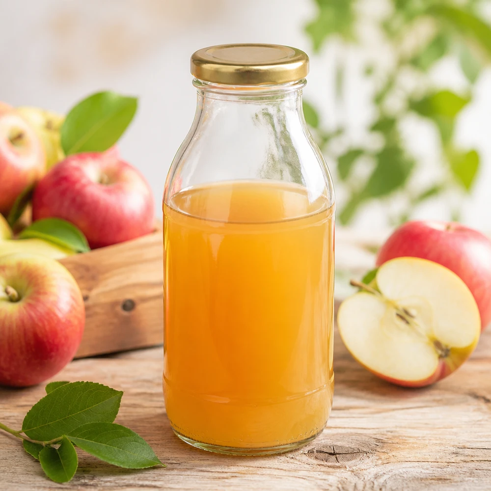 Glazen fles van 250 ml + BasicSeal-deksel goud UNiTWIST Hersluitbare UNiTWIST-glazen fles van 250 ml met een gouden BasicSeal-deksel en appelsap