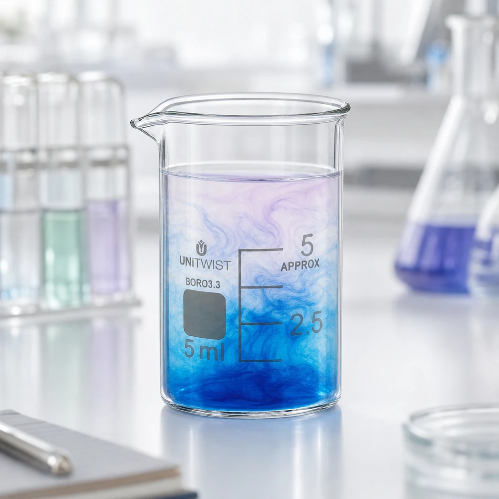 Beker 5ml borosilicaat, lage vorm UNiTWIST Glazen beker van 5 ml, laag model met schaalverdeling van 2,5 ml, vervaardigd uit hoogwaardig borosilicaatglas UNiTWIST