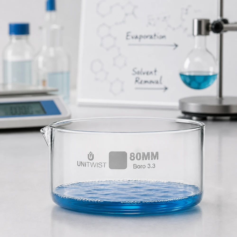 Lage schaal van borosilicaatglas, 80 mm, van UNiTWIST, met blauwe chemische stof bij verdamping