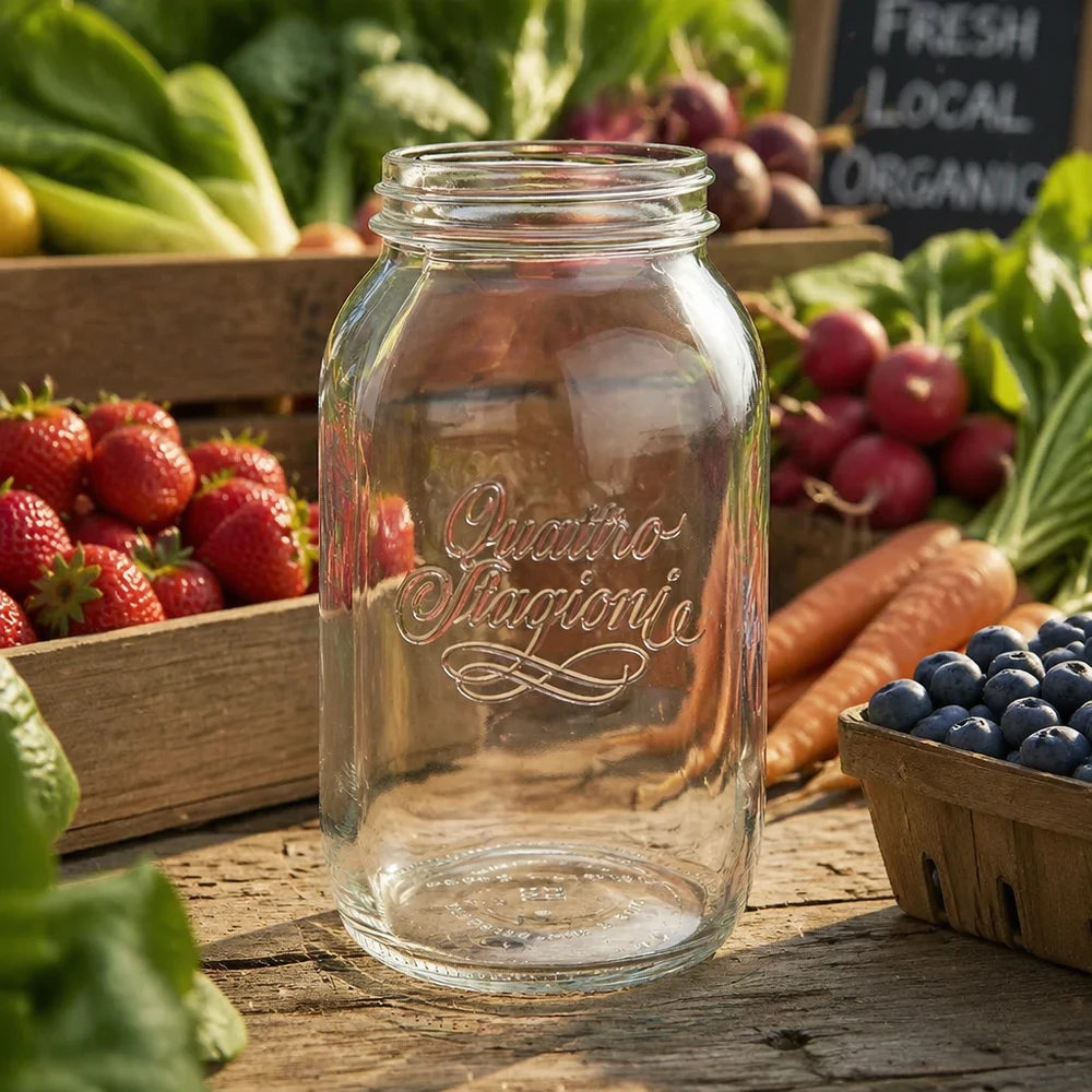 1500ml huishoudglas "Quattro Stagioni" 1500ml Quattro Stagioni huishoudpot inmaakpot op houten tafel met vers fruit en groenten op de achtergrond
