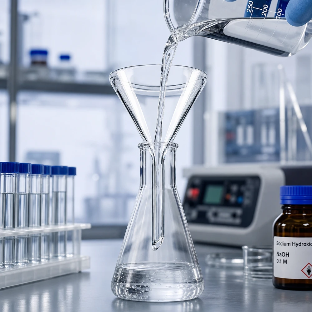 Glazen trechter Ø 40mm - kalk-soda-glas - 60° hoek Compacte 40 mm glazen trechter van soda lime glas met kort handvat voor eenvoudig gebruik in het laboratorium