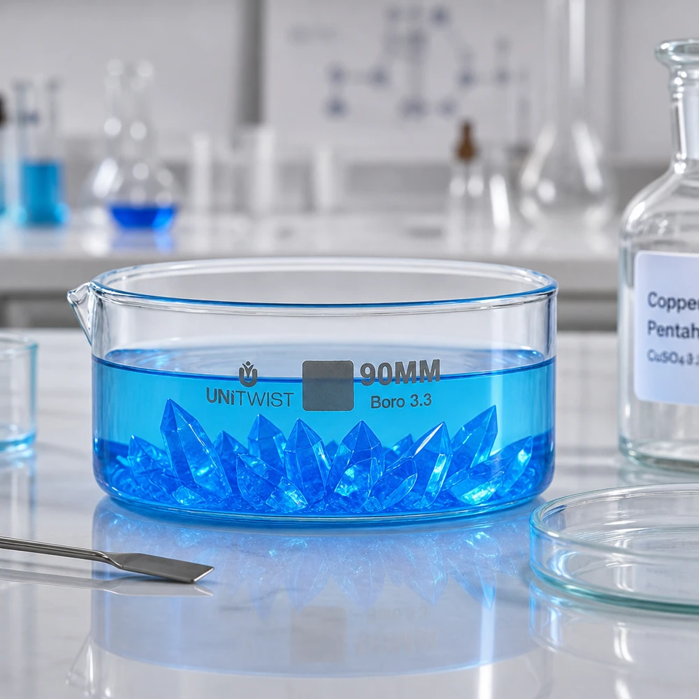 Kristalliseer schaal ø90mm borosilicaatglas UNiTWIST Vlakke verdampingsschaal UNiTWIST Boro 3.3 met blauwe vloeistof en kristallen, 90 mm