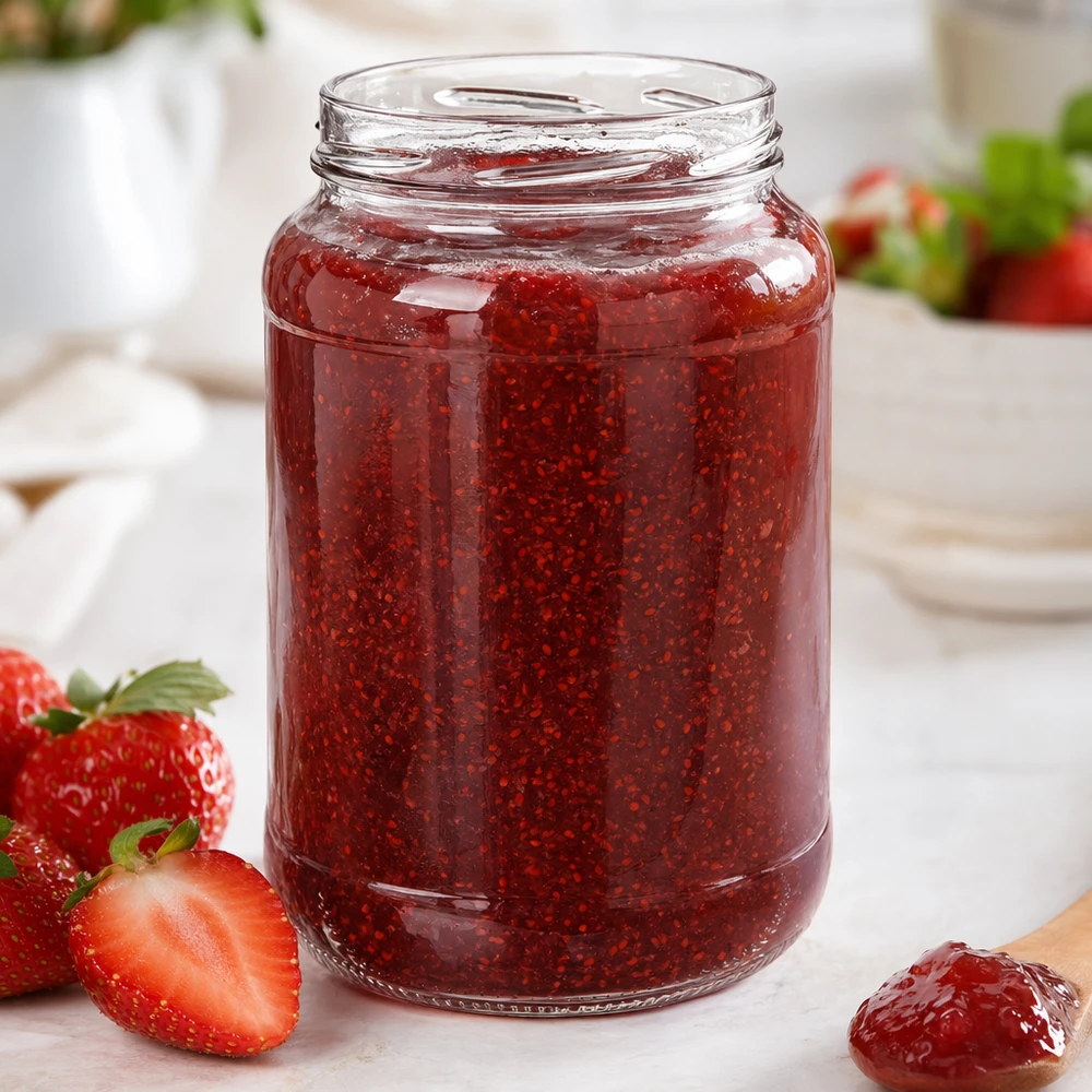 1700ml rond glas zonder deksel (TO100) UNiTWIST UNiTWIST Runda1700 bekers 1700ml TO100 met zelfgemaakte aardbeienjam verse aardbeien ontbijttafel wit