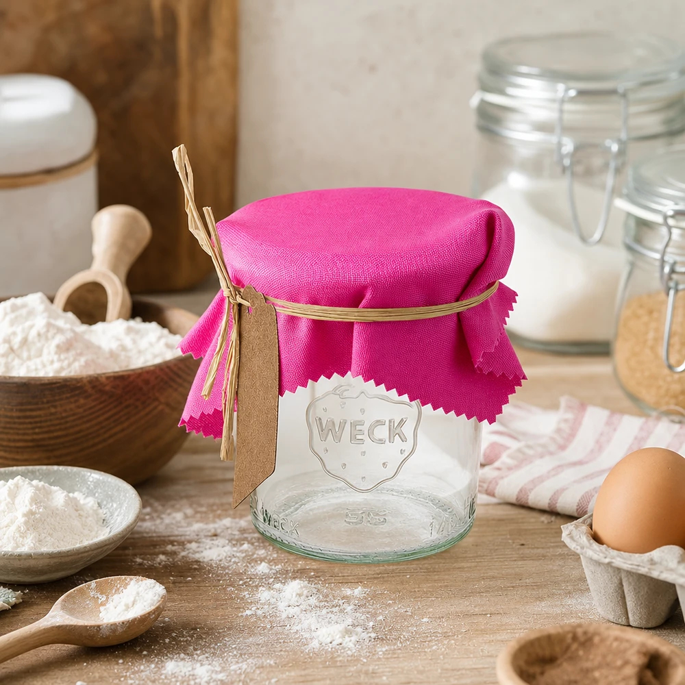 Stoffen lapje voor deksel roze 12cm hoekig Roze stoffen decoratieve doily 12cm vierkant op Weck pot keukenstyling met bloem eieren en bakingrediënten sfeer