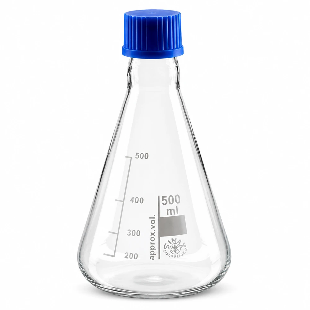 Erlenmeyer 500ml glas met nauwe hals borosilicaat met schroefdraad en sluiting Schott Duran Erlenmeyer 500ml met chemicaliënbestendig materiaal en blauw deksel