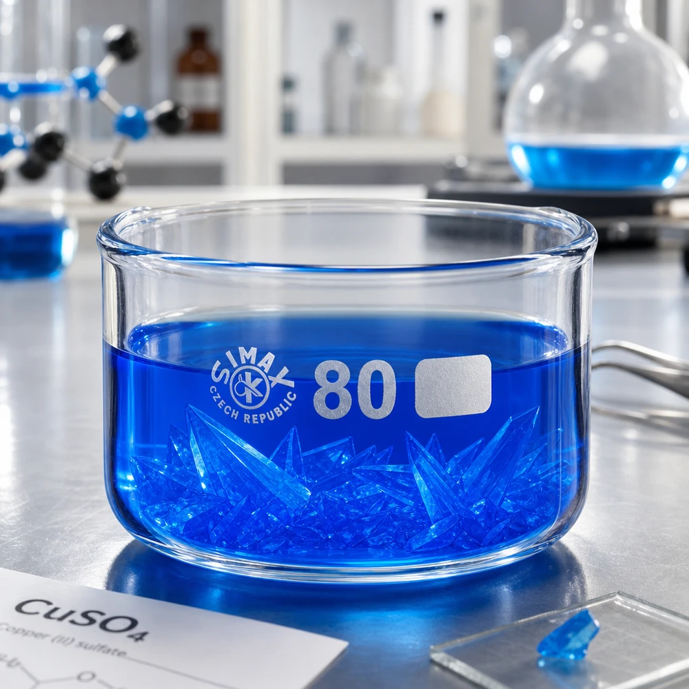 Laboratoriumkom van hoogwaardig borosilicaatglas met blauwe chemische kristallen, inhoud 150 ml