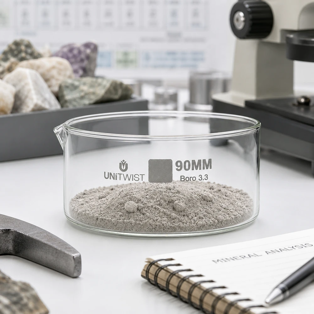 Kristalliseer schaal ø90mm borosilicaatglas UNiTWIST UNiTWIST-kristallisatieschaal Boro 3.3 met mineraalpoeder, naast een hamer en gesteentemonsters
