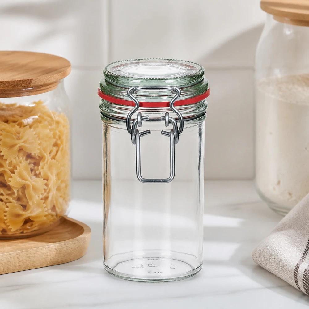 272 ml voorraadpot type G met beugelsluiting UN.. Voorraadpot van 272 ml met draaidop en rode verzegeling in een moderne keuken naast pasta- en witte potten