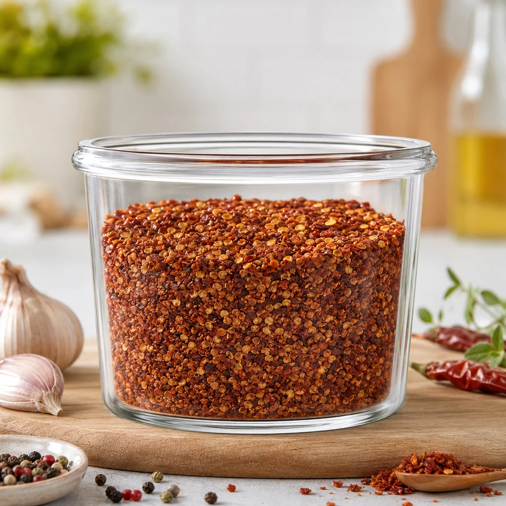 WECK glazen pot 35ml RR40 gevuld met chilikruidenmix in moderne keuken op houten plank