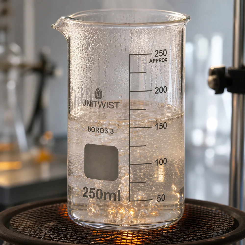Beker 250ml borosilicaat, hoge vorm UNITWIST Verwarmd borosilicaat bekerglas van 250 ml met condenserende waterdruppels op de glaswand