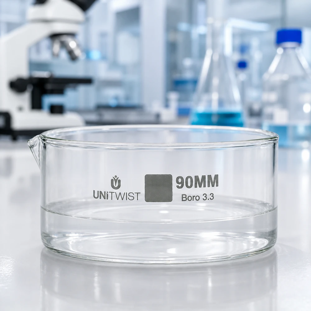 Kristalliseer schaal ø90mm borosilicaatglas UNiTWIST Productafbeelding Kristallisatieschaal 90 mm UNiTWIST witte laboratoriumtafel Glazen schaal met gegraveerd logo Boro 3.3