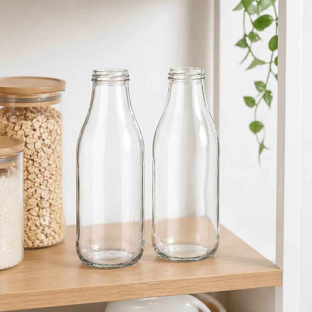 1000ml fles zonder deksel (TO48) UNiTWIST 1000ml glazen flessen TO48 UNiTWIST twee lege melkflessen op houten plank in moderne keuken met voorraadpotten
