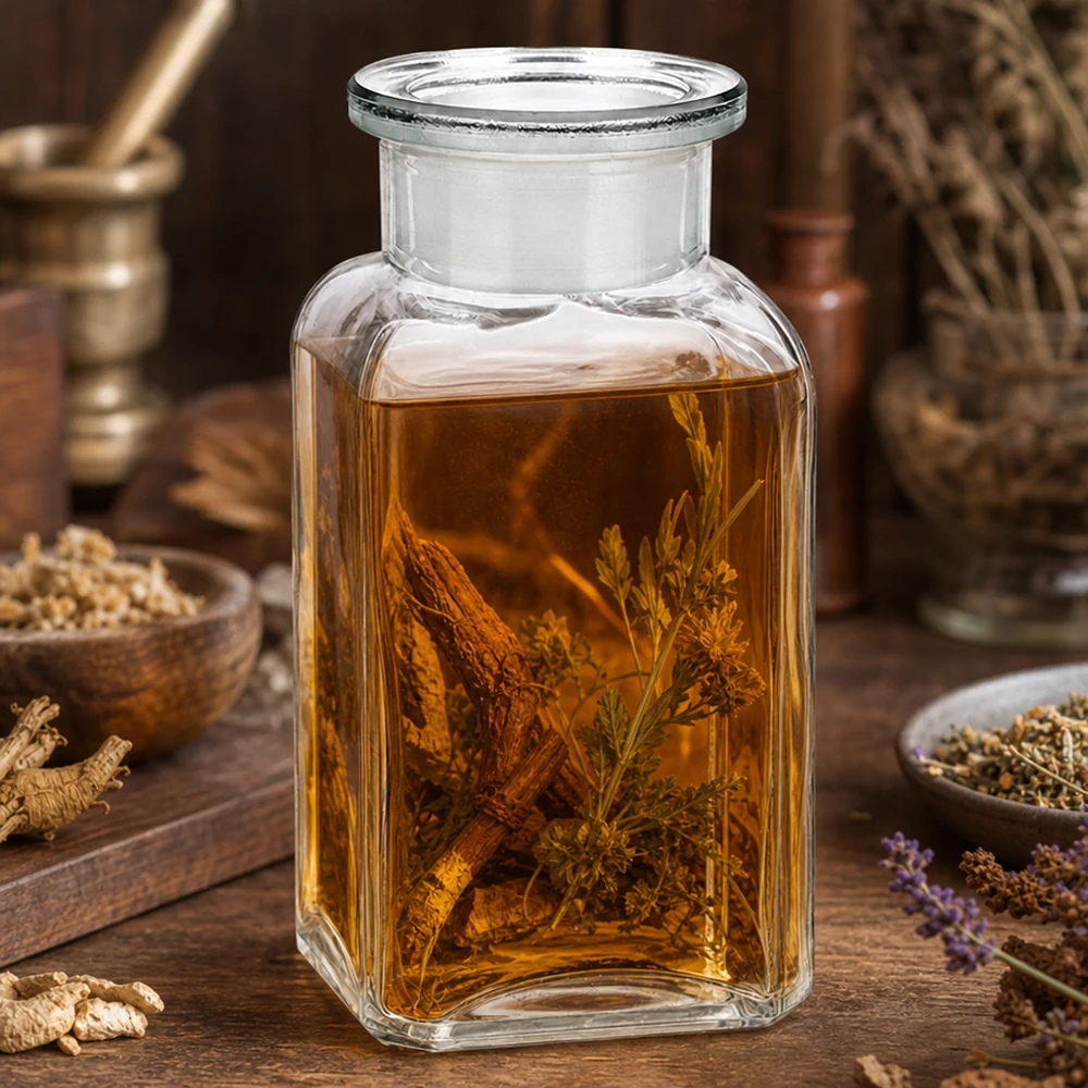 Vierkant-apothekersfles 100 ml wijde hals helder glas incl. glazen stop Glazen fles met stop, 100 ml, met brede hals, vierkant, met plantaardig macerataat en botanische ingrediënten
