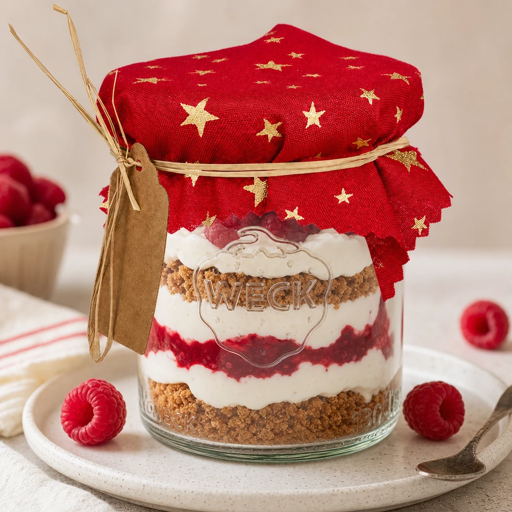 Rode decoratieve doily met gouden sterren op dessertglas framboos gelaagd dessert 12cm vierkante tafeldecoratie