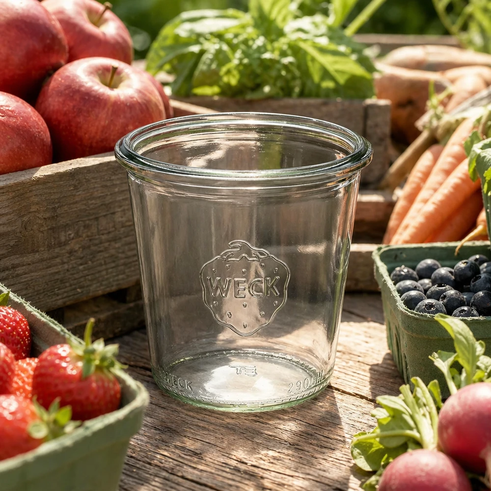 WECK bekers 290ml RR80 hoog van glas met logo omringd door vers fruit en groenten op een houten tafel