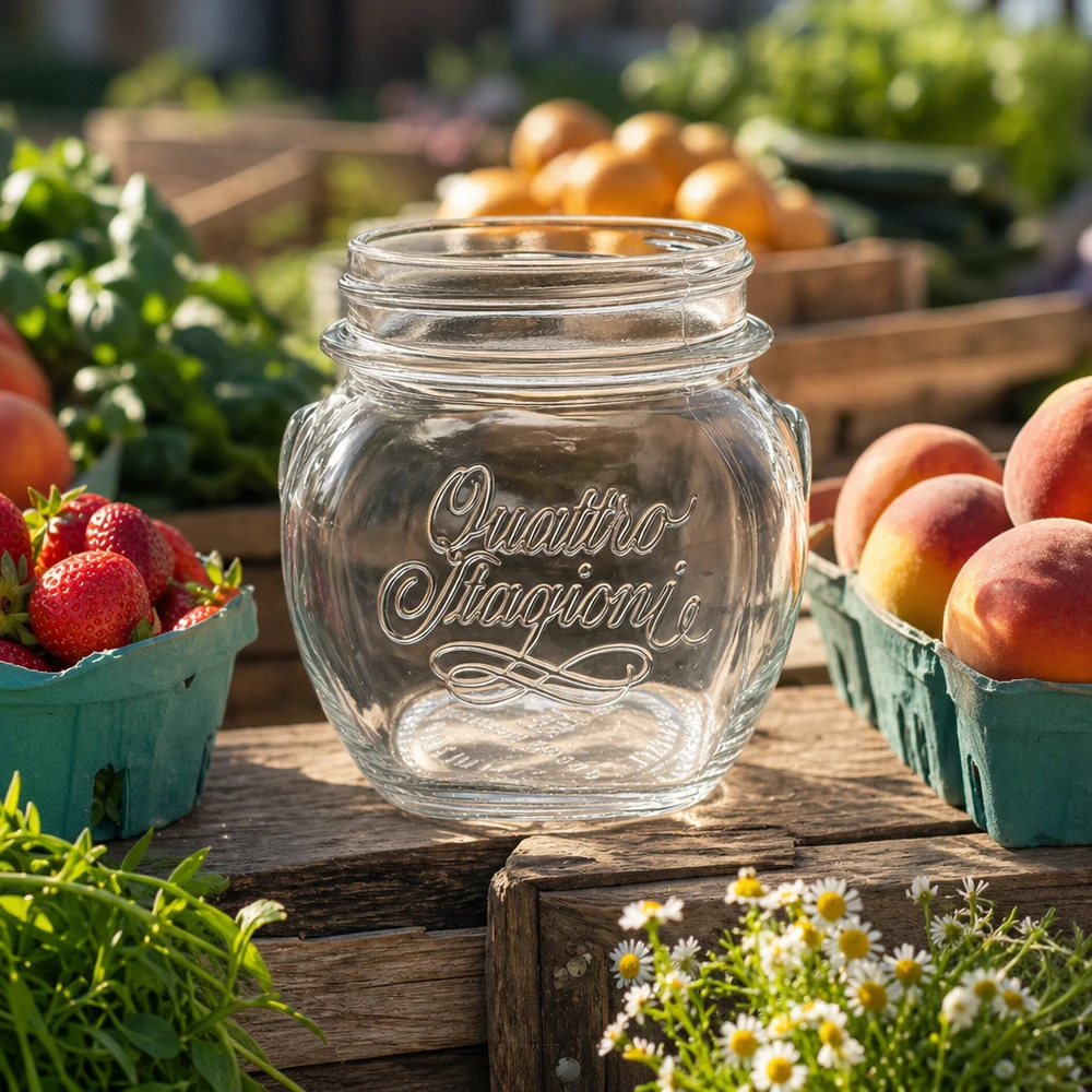 300ml huishoudglas "Quattro Stagioni" 300ml Quattro Stagioni huishoudglas leeg op houten tafel met verse aardbeien en perziken in rustieke keuken