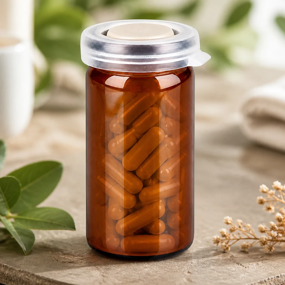 Bruin apothekersglas van 10 ml met kliksluiting, ideaal voor het bewaren van voedingssupplementen