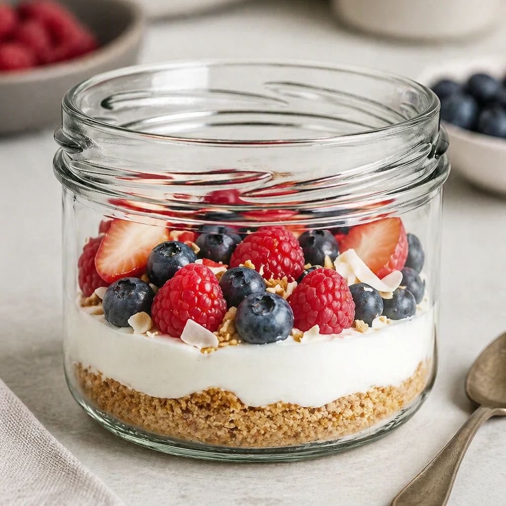 UNiTWIST Sturz260 rond glas 260ml TO82 gevuld met yoghurt bessen muesli als dessert in een glas Product afbeelding
