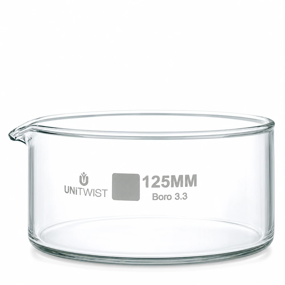 Kristalliseer schaal ø125mm borosilicaatglas UNiTWIST Vlakke, cilindrische laboratoriumschaal van 125 mm met uitgietmond, van helder borosilicaatglas, UNiTWIST