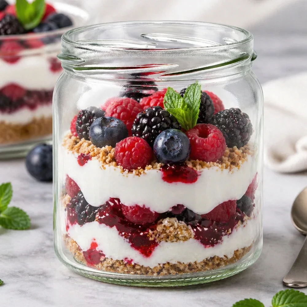 UNiTWIST Runda408 rond glas 408ml als dessertglas met bessenyoghurt gelaagd dessert toont veelzijdig gebruik