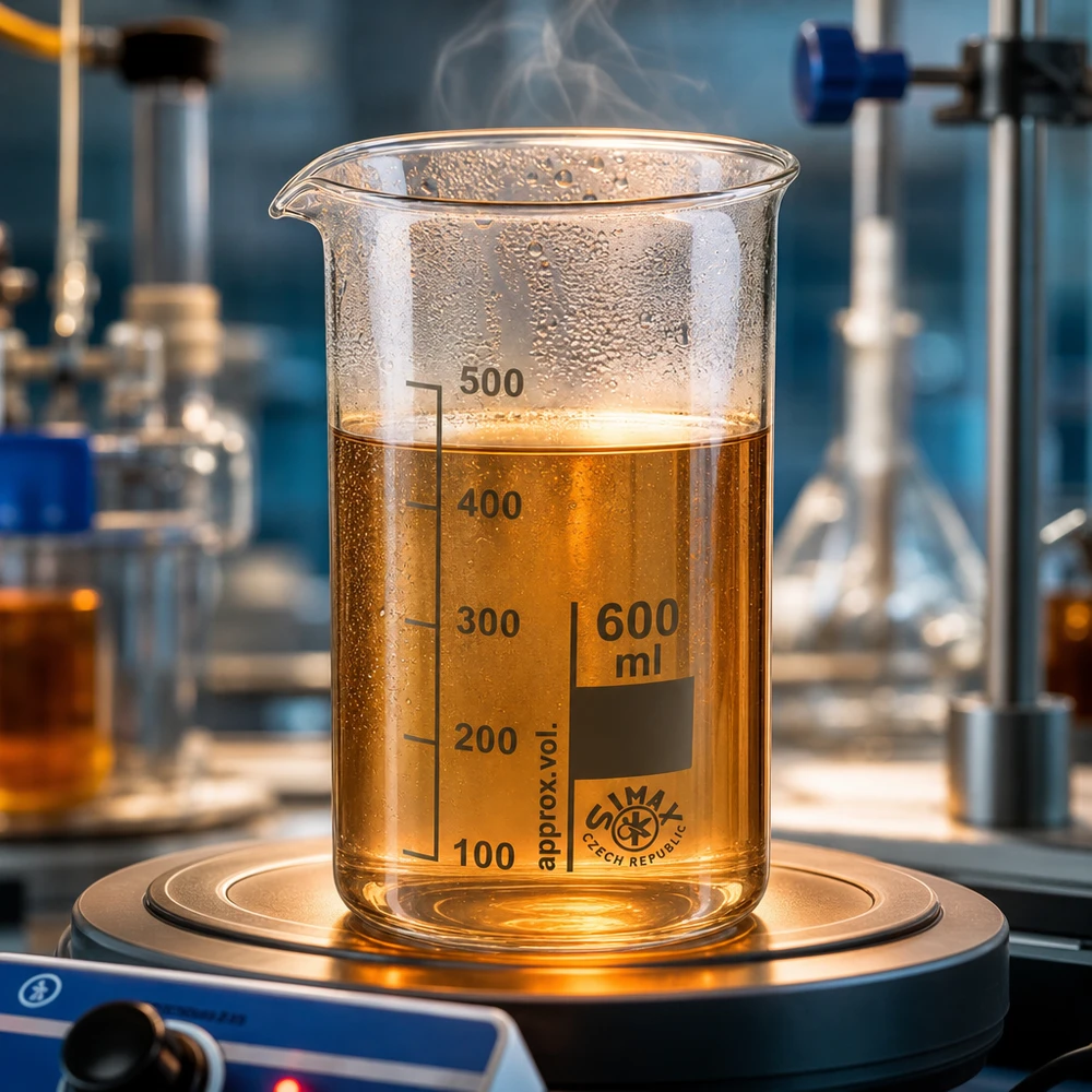 Bekerglas 600 ml van hittebestendig borosilicaatglas (hoog model) Dampend bekerglas van 600 ml, hoog model, met oranje vloeistof op een professionele laboratoriumroerder