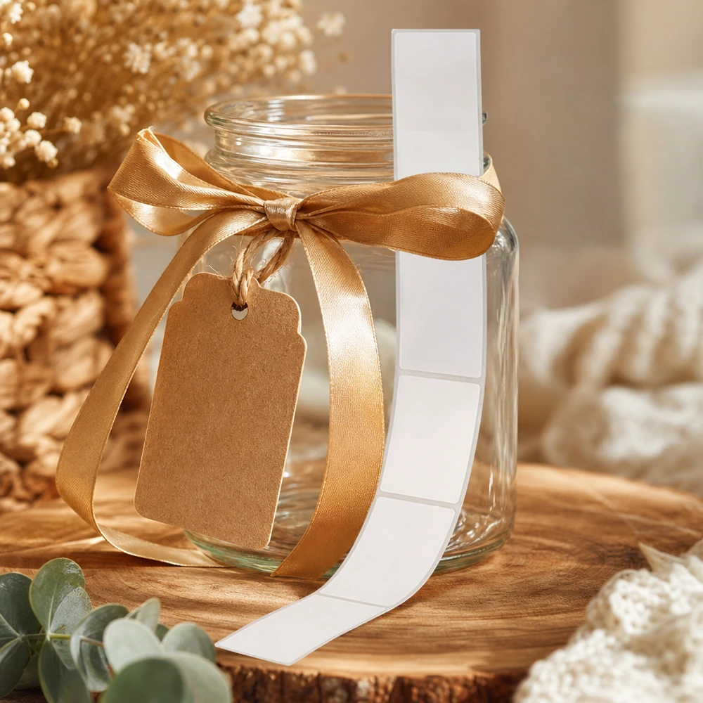 Etiketten 54x154,5mm op glazen pot met gouden strik als geschenkverpakking in verpakking van 20
