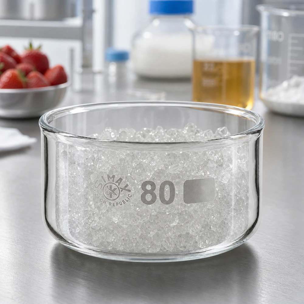 Brede, platte schaal van borosilicaatglas, 150 ml, gevuld met witte bolletjes; laboratoriumaccessoire van SIMAX