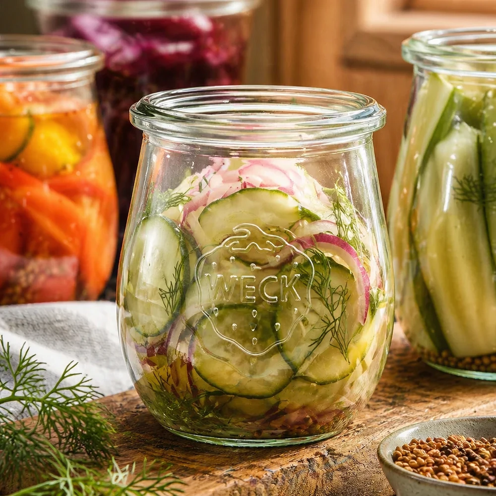 WECK tulpenpot 220ml RR60 gevuld met ingemaakte komkommers en dille naast kleurrijke inmaakpotten Preserves Kitchen