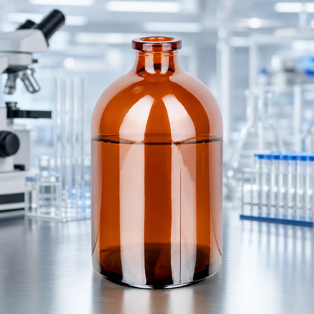 Injectiefles bruin glas 100ml Sterile Braunglas-Injektionsflasche 100ml für Infusionslösungen vor professioneller Laborausstattung