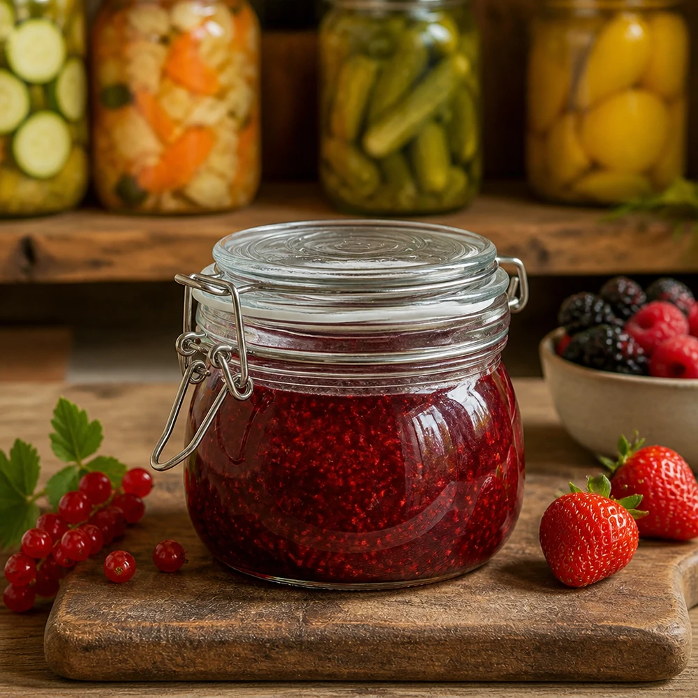 500 ml voorraadpot type S met scharnierende top UN. Inmaakpot 500ml met draaidop ideaal voor zelfgemaakte jam en marmelade
