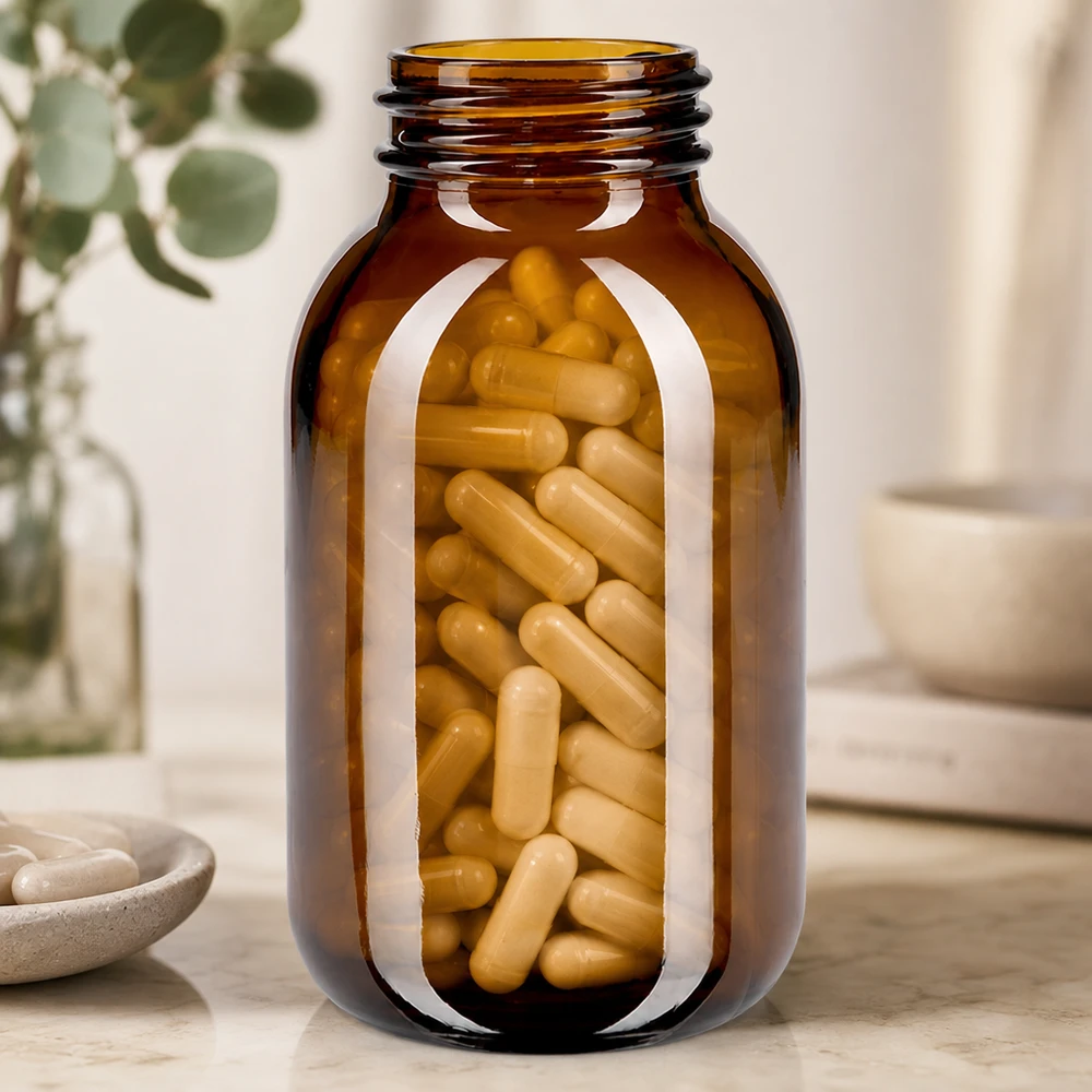 Fles met wijde hals 500 ml bruin glas met DIN 55 opening zonder sluiting Ruime 500ml wijdhalsfles van robuust amberkleurig glas voor voedingssupplementen en capsules