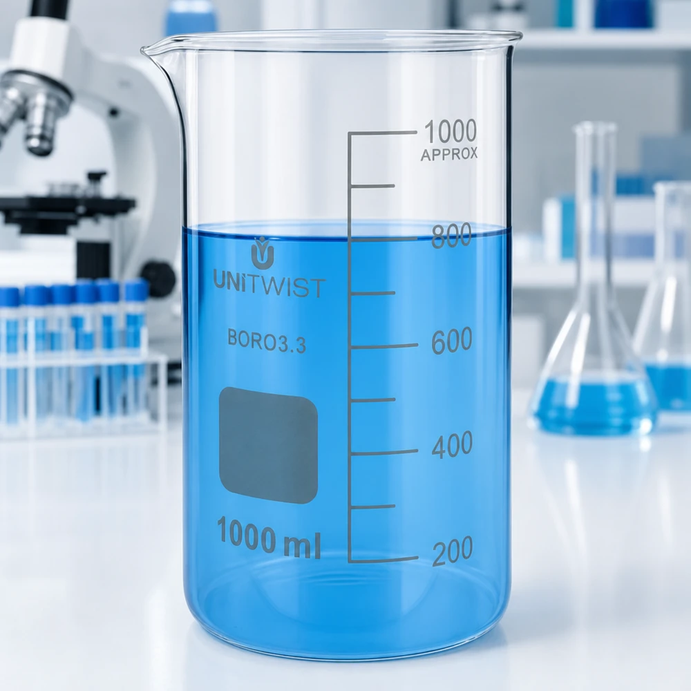 Beker 1000ml borosilicaat, hoge vorm UNITWIST Scheikundelaboratorium: hoge bekerglas van 1000 ml, UNITWIST BORO 3.3, met een microscoop op de achtergrond